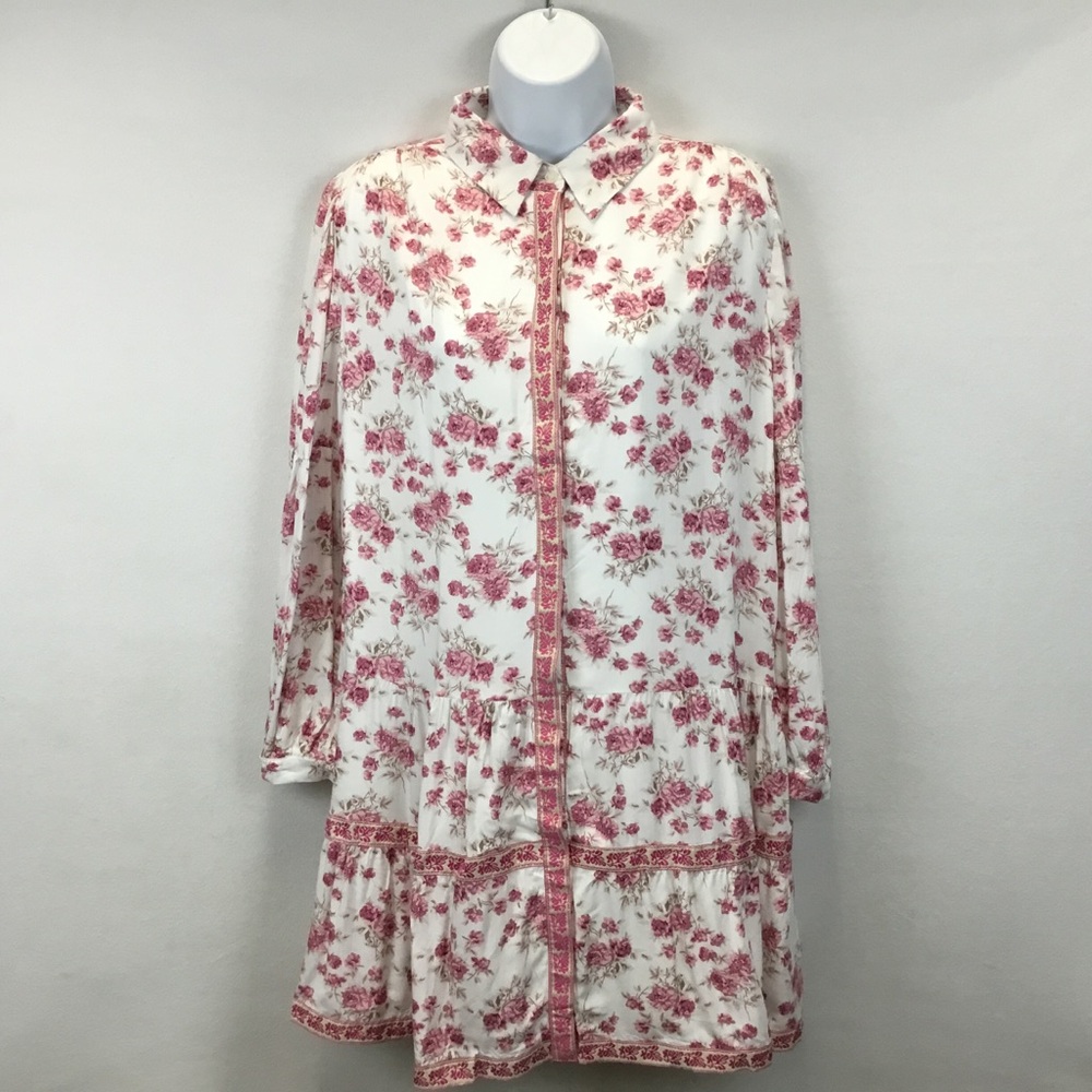 Trish Scully Oversized Pink Floral Long Sleeve Mini Shirt Dress Size 2 - Picture 1 of 11
